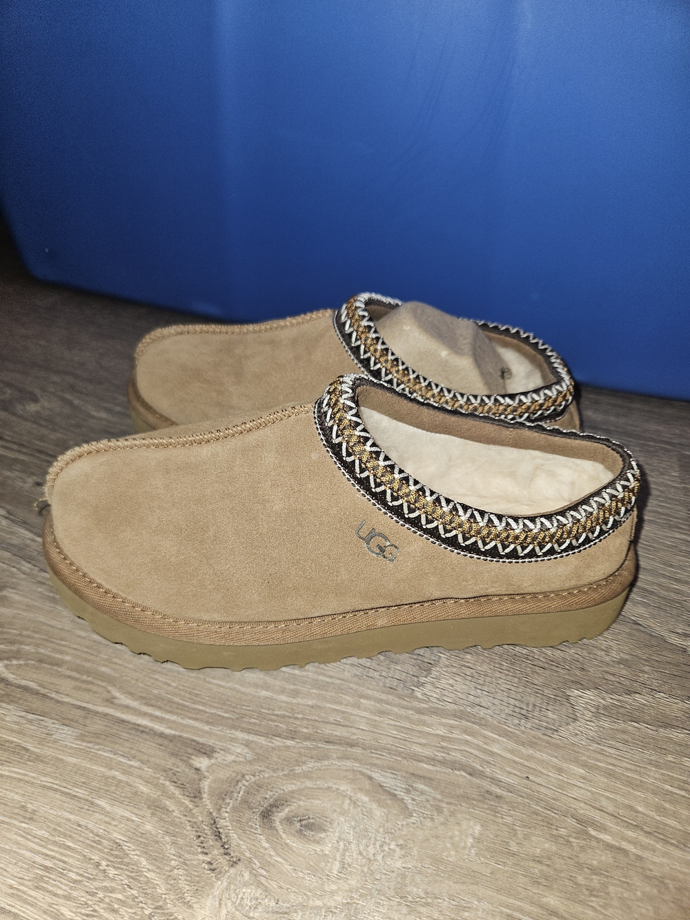 UGG Women’s Suede Slip-On Slippers in Chestnut Tan with Braided Collar